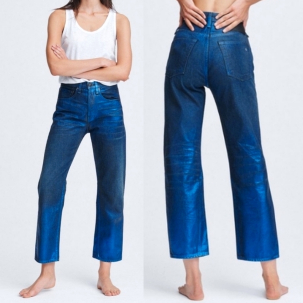 Nwt Rag & Bone Maya High Rise Ankle Straight Jean In Metallic Indigo $355 24